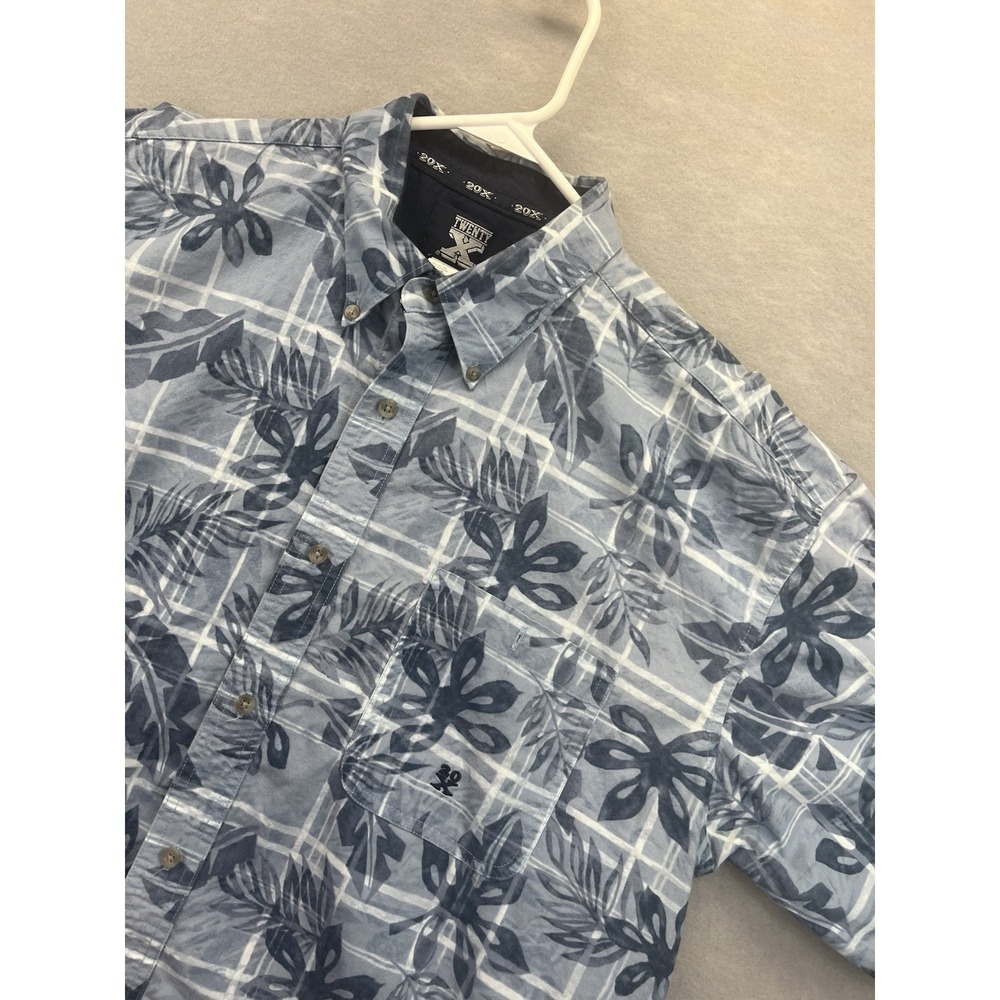 Twenty X Mens Short Sleeve Button Front Shirt XL Blue Floral/Plaid Cotton Collar